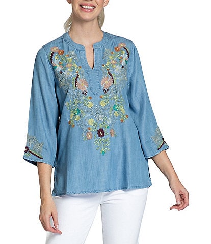 APNY Embroidered Split V-Neck 3/4 Sleeve Tunic