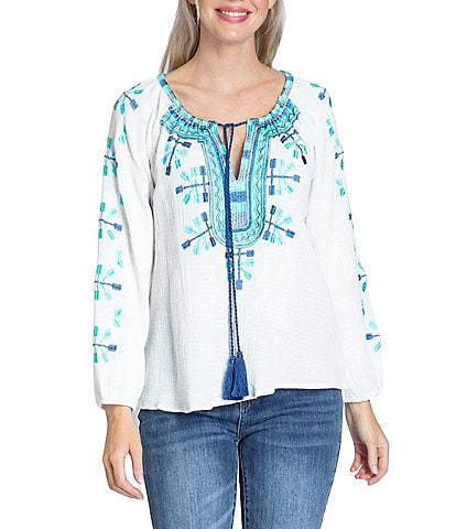 APNY Embroidered Split V-Neck Long Sleeve Tassel Top