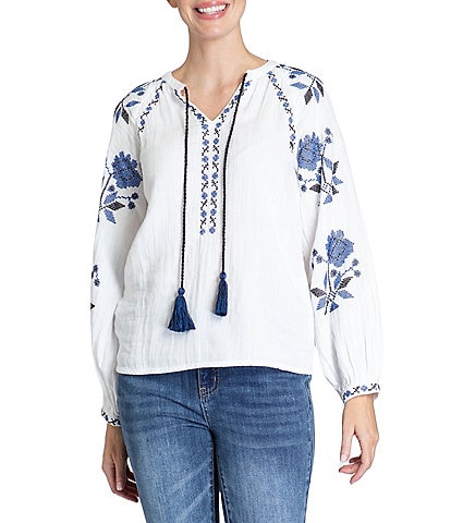 APNY Embroidered V-Neck Long Sleeve Top