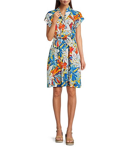 APNY Floral Print Mandarin Collar Short Sleeve Tie Shirt Dress