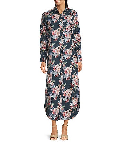 APNY Floral Print Spread Collar Long Sleeve Shirt Dress