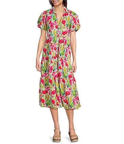APNY Floral Print V-Neck Short Puff Sleeve Maxi Shirt Dress
