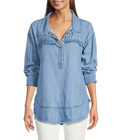 APNY Henley Long Sleeve Frayed Hemline Grommet Blouse