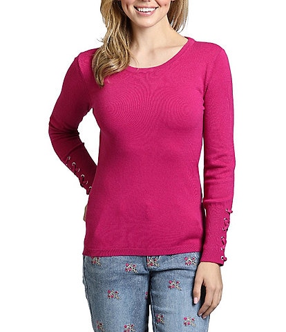 APNY Knit Crew Neck Long Grommet Lace Up Sleeve Sweater