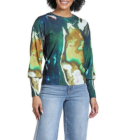 APNY Knit Liquid Marble Print Crew Neck Long Sleeve Sweater Top