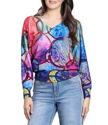 APNY Knit Overlapping Circles Print V-Neck Long Sleeve Pullover Sweater Top