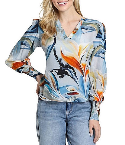 APNY Lightweight Woven Abstract Floral Print Split Neck Long Sleeve Pullover Top