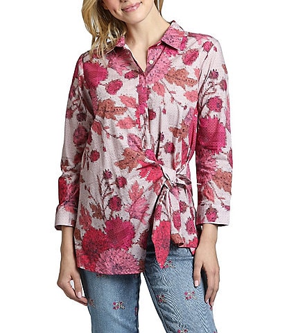 APNY Printed Collared Long Sleeve Tie Front Top