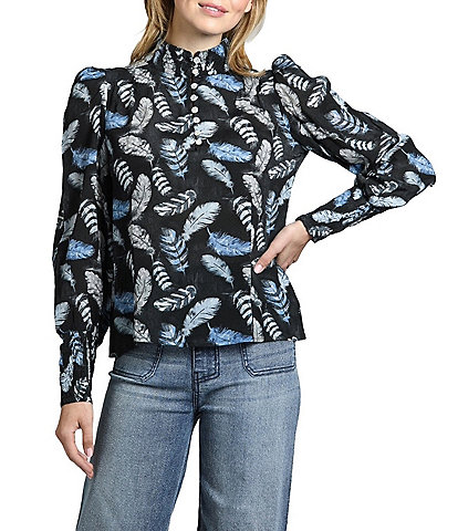 APNY Printed Smocked Mock Neckline Long Puff Sleeve Blouse