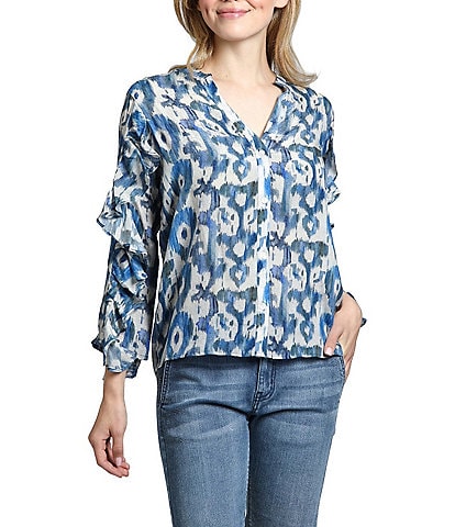 APNY Printed Split V-Neck Ruffle Sleeve Top