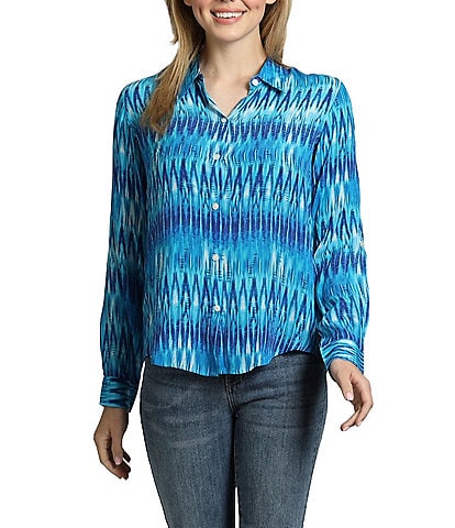 APNY Printed Spread Collar Neckline Long Sleeve Top