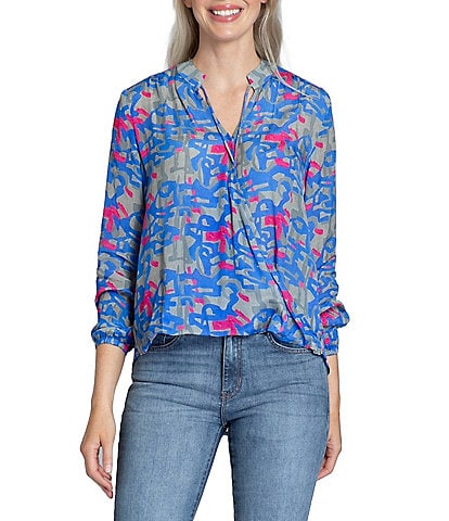 APNY Printed V-Neck 3/4 Sleeve Crossover Top
