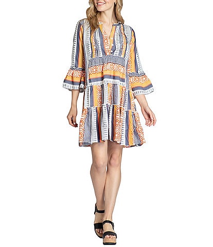 APNY Printed V-Neck 3/4 Sleeve Pin-Tuck Dress
