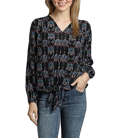 APNY Printed V-Neckline Long Sleeve Tie Front Top