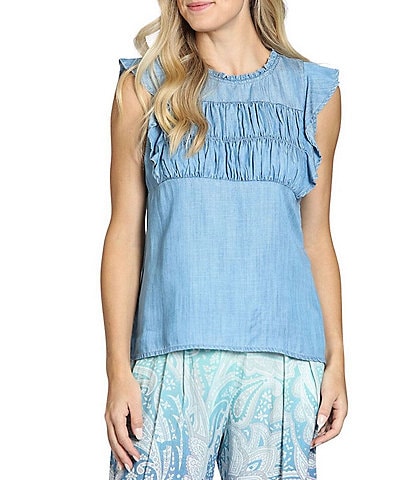 APNY Round Neck Sleeveless Ruffle Smocked Top