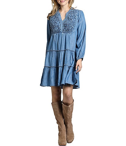 APNY Smocked Denim Long Sleeve V-Neck Dress