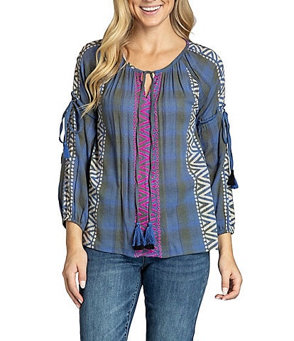 APNY Striped Jacquard V-Neck Long Sleeve Tassel Top