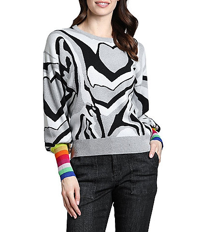 APNY Swirl Heart Crew Neckline Long Bishop Sleeve Rainbow Cuff Sweater