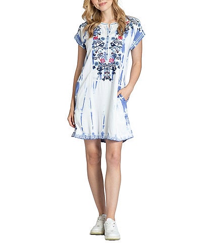APNY Tie Dye Crew Neck Short Sleeve Embroidered Dress