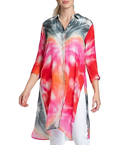 APNY Tie Dye Woven Collared 3/4 Sleeve Button Up Top