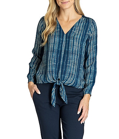 APNY V-Neck Long Sleeve Tie Front Printed Top