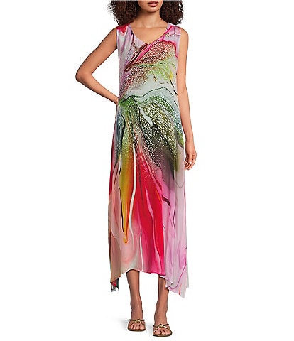 APNY Woven Abstract Print V-Neck Sleeveless Tank Dress
