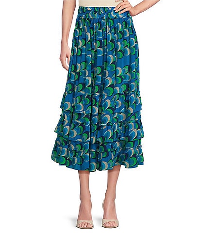 APNY Woven Coordinating Abstract Print Ruffle A-Line Midi Skirt
