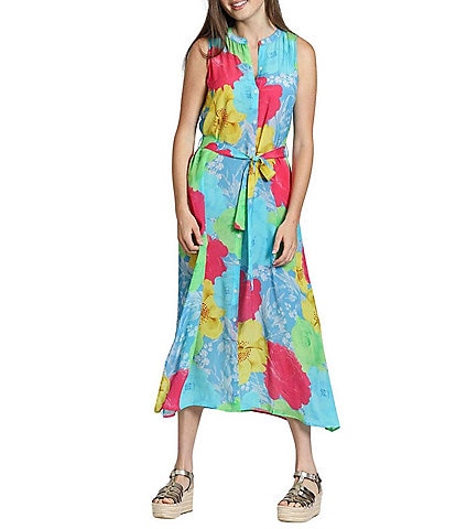 APNY Woven Floral Print Mandarin Collar Sleeveless Belted Shirt Dress