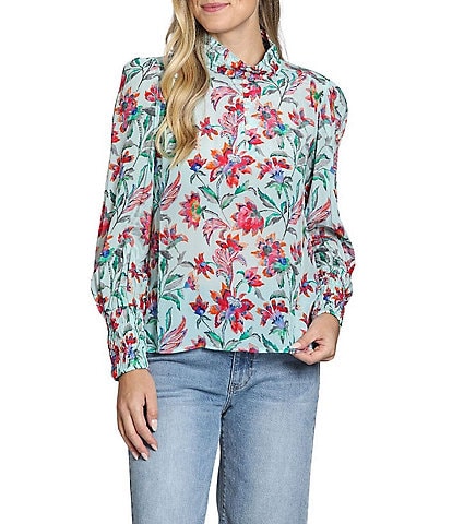 APNY Woven Floral Print Mock Neck Long Sleeve Blouse