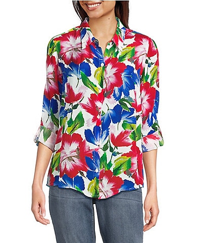 APNY Woven Floral Print Point Collar Long Roll Tab Sleeve Shirt