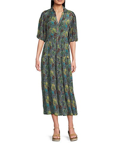 APNY Woven Floral Print Spread Collar 3/4 Sleeve Tiered A-Line Midi Dress