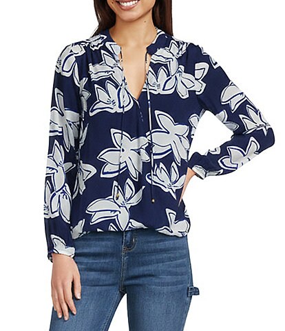 APNY Woven Floral Print V-Neck Long Sleeve Tassel Top
