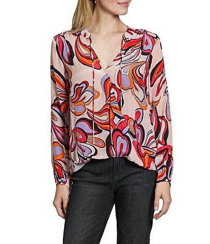 APNY Woven Floral Print V-Neck Long Sleeve With Tassel Top