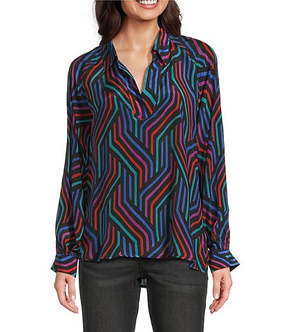 APNY Woven Geometric Print V-Neck Long Sleeve Blouse