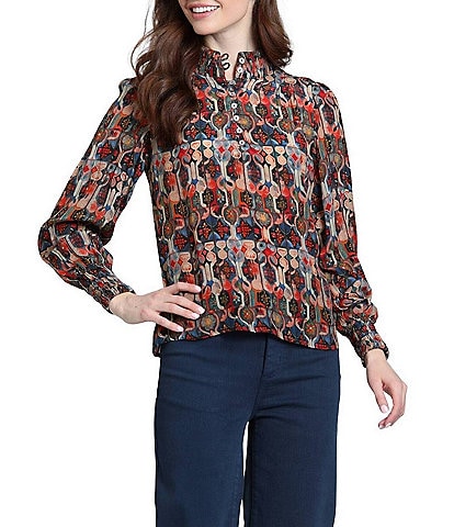 APNY Woven Multicolor Geometric Print High Button Mock Neck Long Sleeve Blouse
