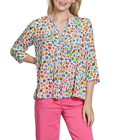 APNY Woven Print Pattern V-Neck Tassel 3/4 Sleeve Blouse