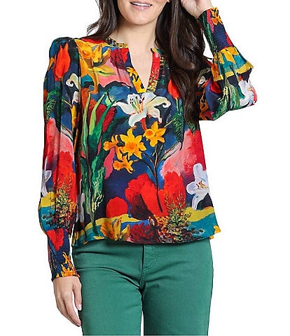 APNY Woven Print Split V-Neck Long Sleeve Pullover Blouse