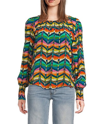 APNY Woven Printed Crew Neck Long Sleeve Smocked Blouse