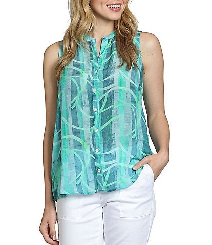 APNY Woven Printed Mandarin Collar Sleeveless Button Down Tank Top