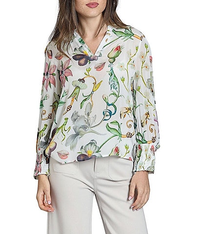 APNY Woven Printed Split V-Neck Long Sleeve Blouse