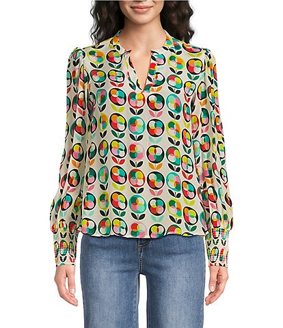 APNY Woven Printed Split V-Neck Long Sleeve Smocked Cuff Blouse