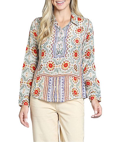 APNY Woven Printed Spread Collar Long Sleeve Blouse