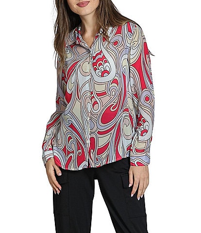 APNY Woven Printed Spread Collar Long Sleeve Button Down Shirt