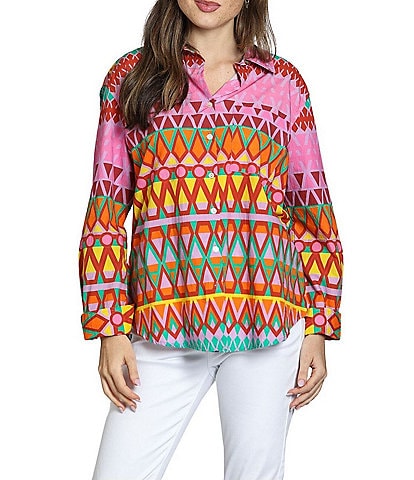APNY Woven Printed Spread Collar Long Sleeve Button Down Shirt