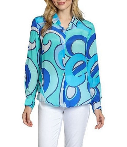 APNY Woven Printed Spread Collar Long Sleeve Button Down Shirt