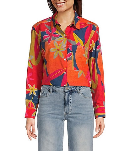 APNY Woven Printed Spread Collar Long Sleeve Button Front Shirt
