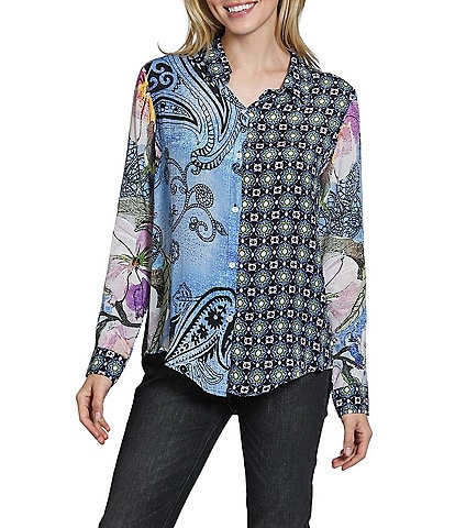 APNY Woven Printed Spread Collar Long Sleeve Shirt
