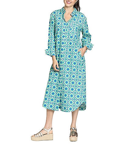 APNY Woven Printed Spread Collar Long Sleeves Shirt Dress