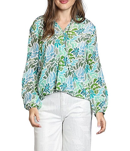 APNY Woven Printed Tassel V-Neck Long Sleeve Top