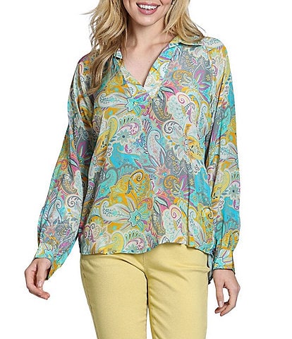 APNY Woven Printed V-Neck Long Sleeve Blouse